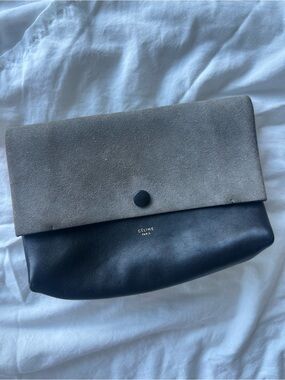 Céline Two-Tone Leather & Suede Foldover Clutch - Black & Gray SOFTPOUCH